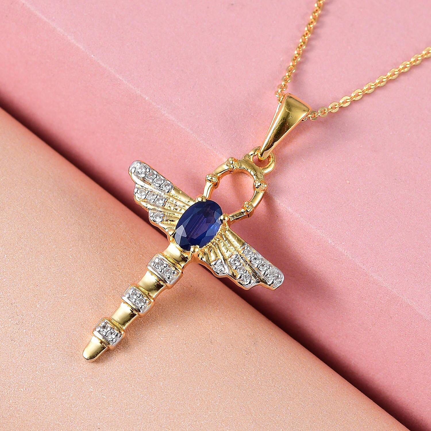 2 Piece Set -  Fissure Filled Blue Sapphire,  White Zircon Chain and Cluster Pendant with Chain (Size-20) in Vermeil YG 18K Sterling Silver