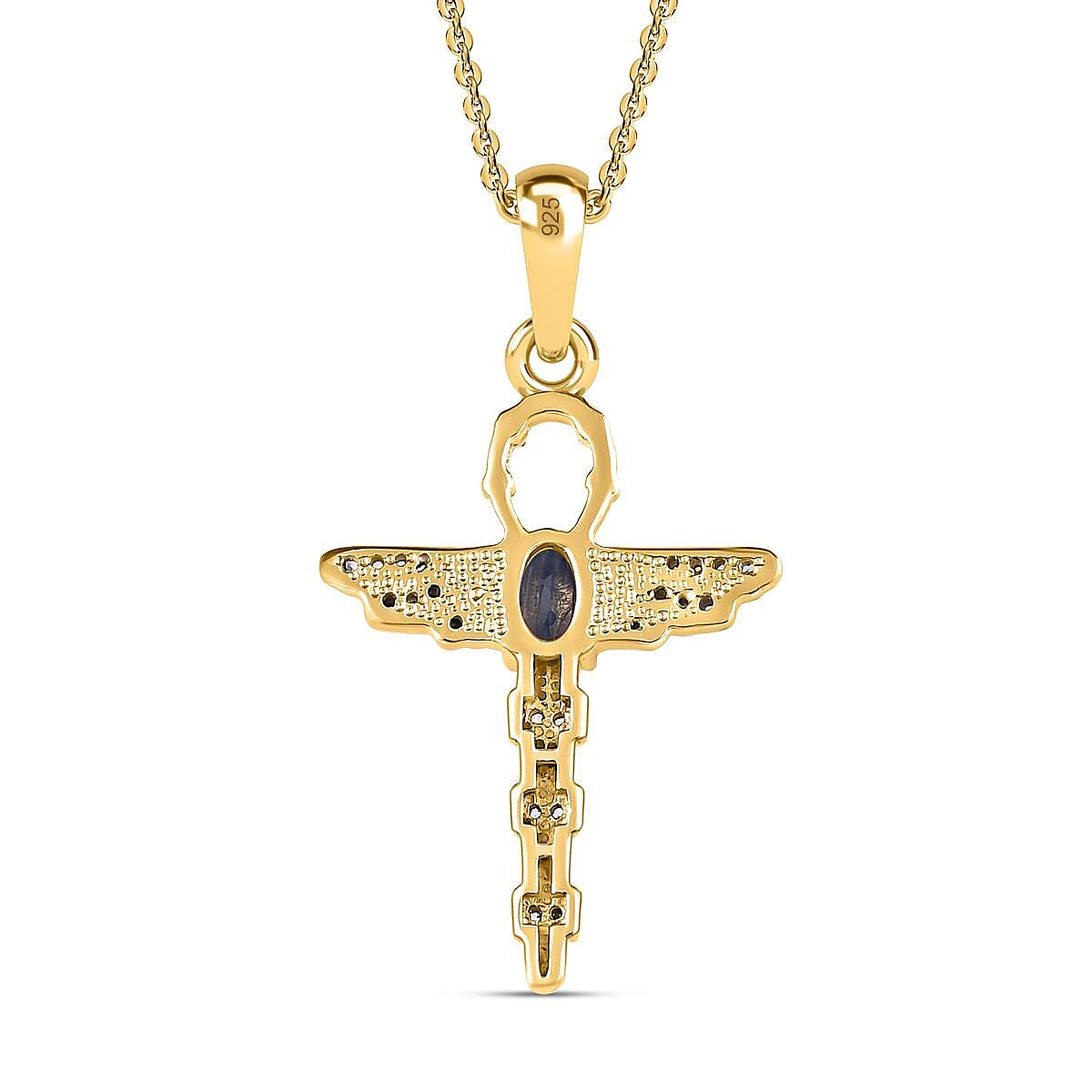 2 Piece Set -  Fissure Filled Blue Sapphire,  White Zircon Chain and Cluster Pendant with Chain (Size-20) in Vermeil YG 18K Sterling Silver