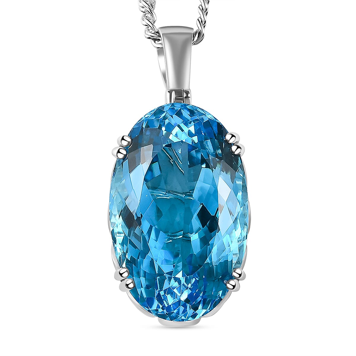 Blue Topaz and Natural Cambodian Zircon Pendant with Chain (Size 20) in Platinum Overlay Sterling Silver 51.19 Ct, Silver wt 10.37 Gms