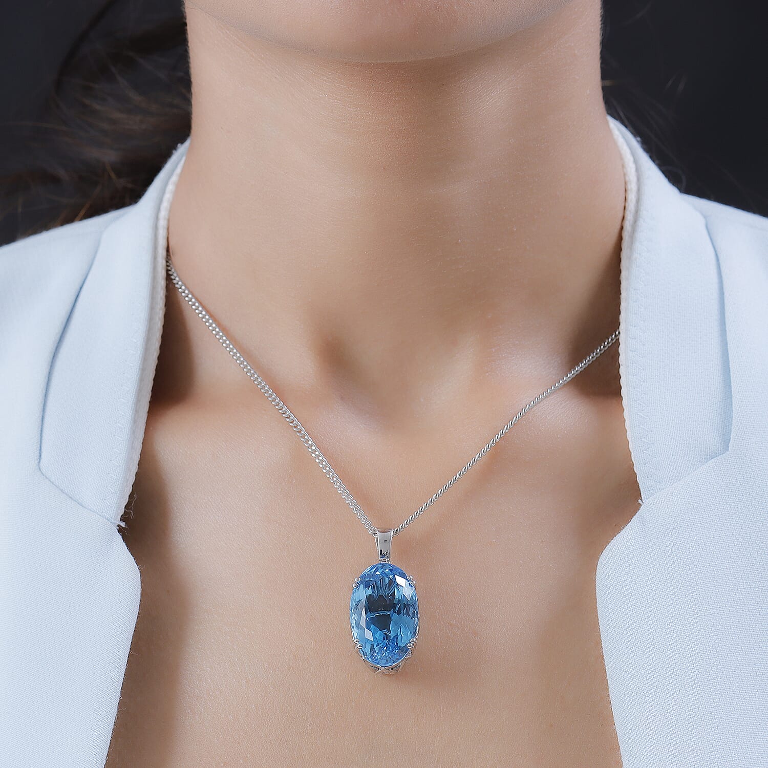 Blue Topaz and Natural Cambodian Zircon Pendant with Chain (Size 20) in Platinum Overlay Sterling Silver 51.19 Ct, Silver wt 10.37 Gms