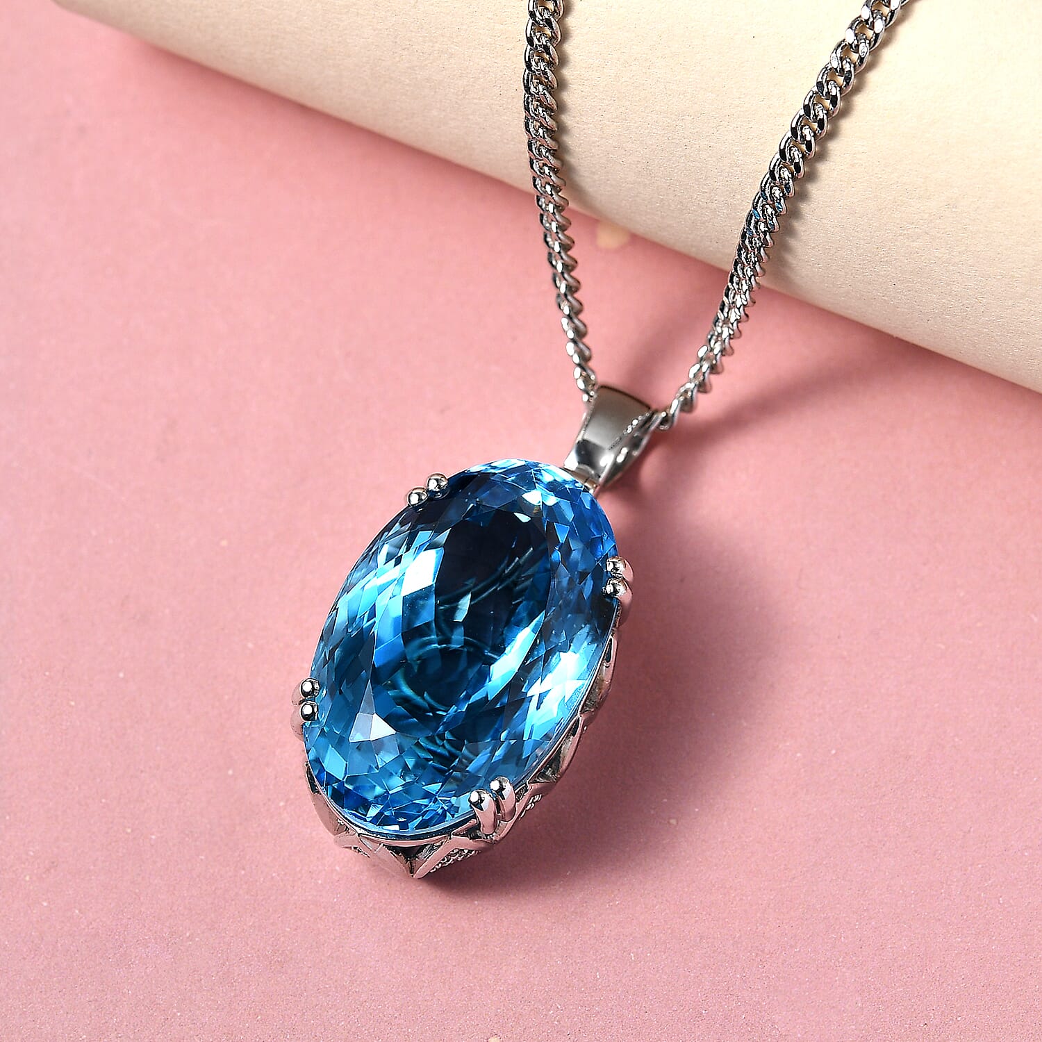 Blue Topaz and Natural Cambodian Zircon Pendant with Chain (Size 20) in Platinum Overlay Sterling Silver 51.19 Ct, Silver wt 10.37 Gms