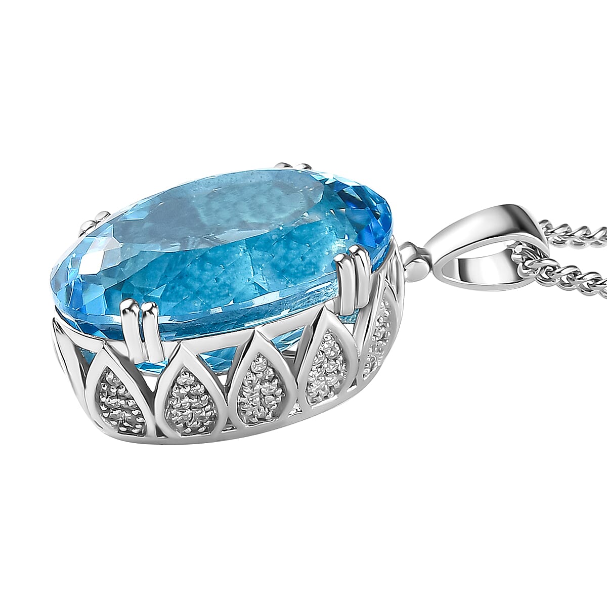 Blue Topaz and Natural Cambodian Zircon Pendant with Chain (Size 20) in Platinum Overlay Sterling Silver 51.19 Ct, Silver wt 10.37 Gms