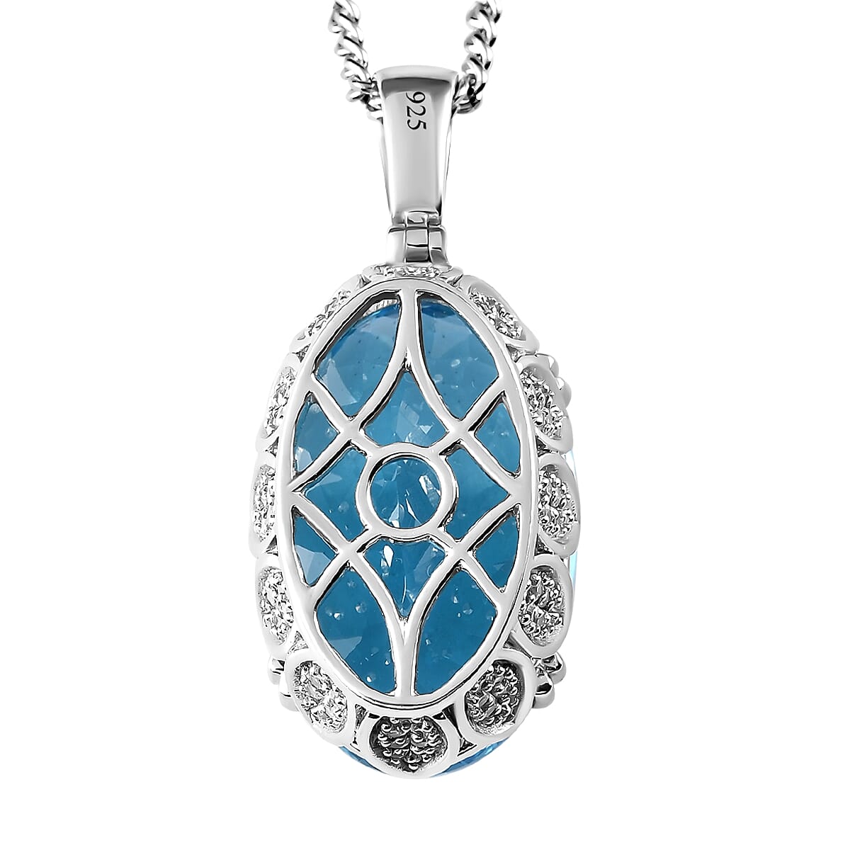 Blue Topaz and Natural Cambodian Zircon Pendant with Chain (Size 20) in Platinum Overlay Sterling Silver 51.19 Ct, Silver wt 10.37 Gms