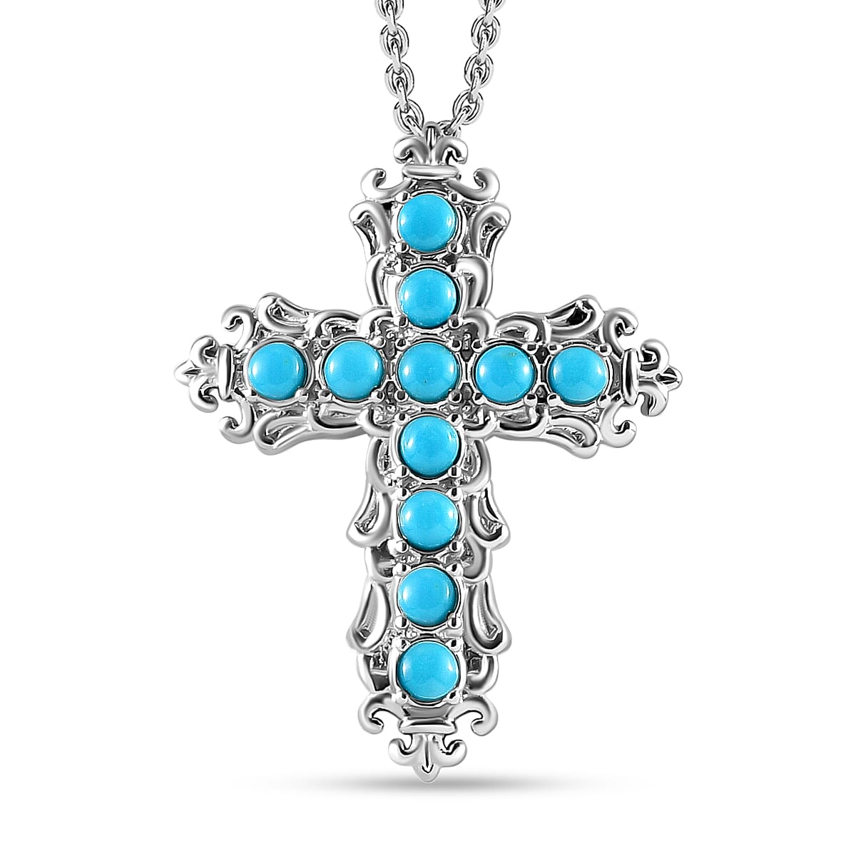 Arizona Sleeping Beauty Turquoise Cross Pendant with Chain (Size 20) with Magnetic Clasp in Stainless Steel 1.350 Ct