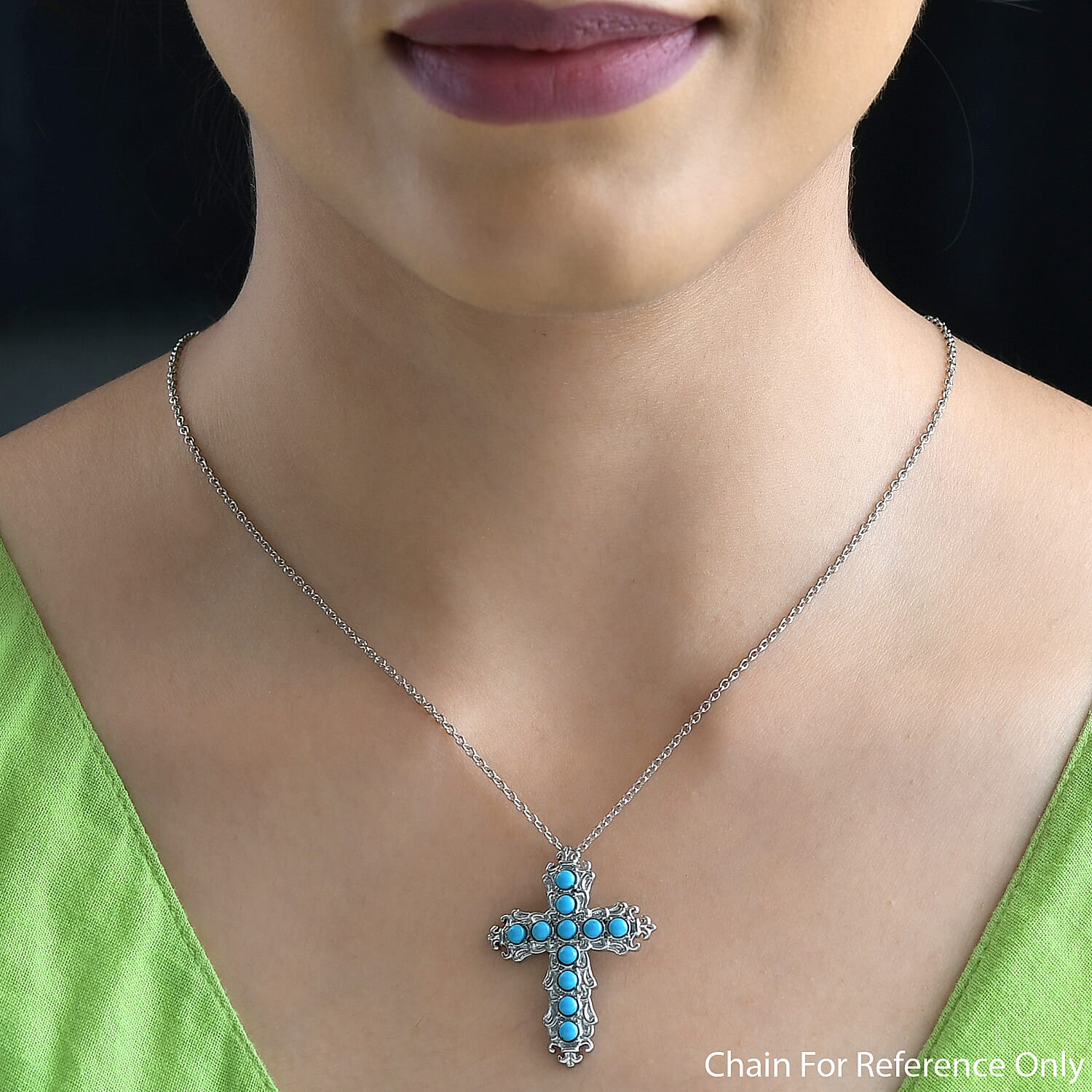 Arizona Sleeping Beauty Turquoise Cross Pendant with Chain (Size 20) with Magnetic Clasp in Stainless Steel 1.350 Ct