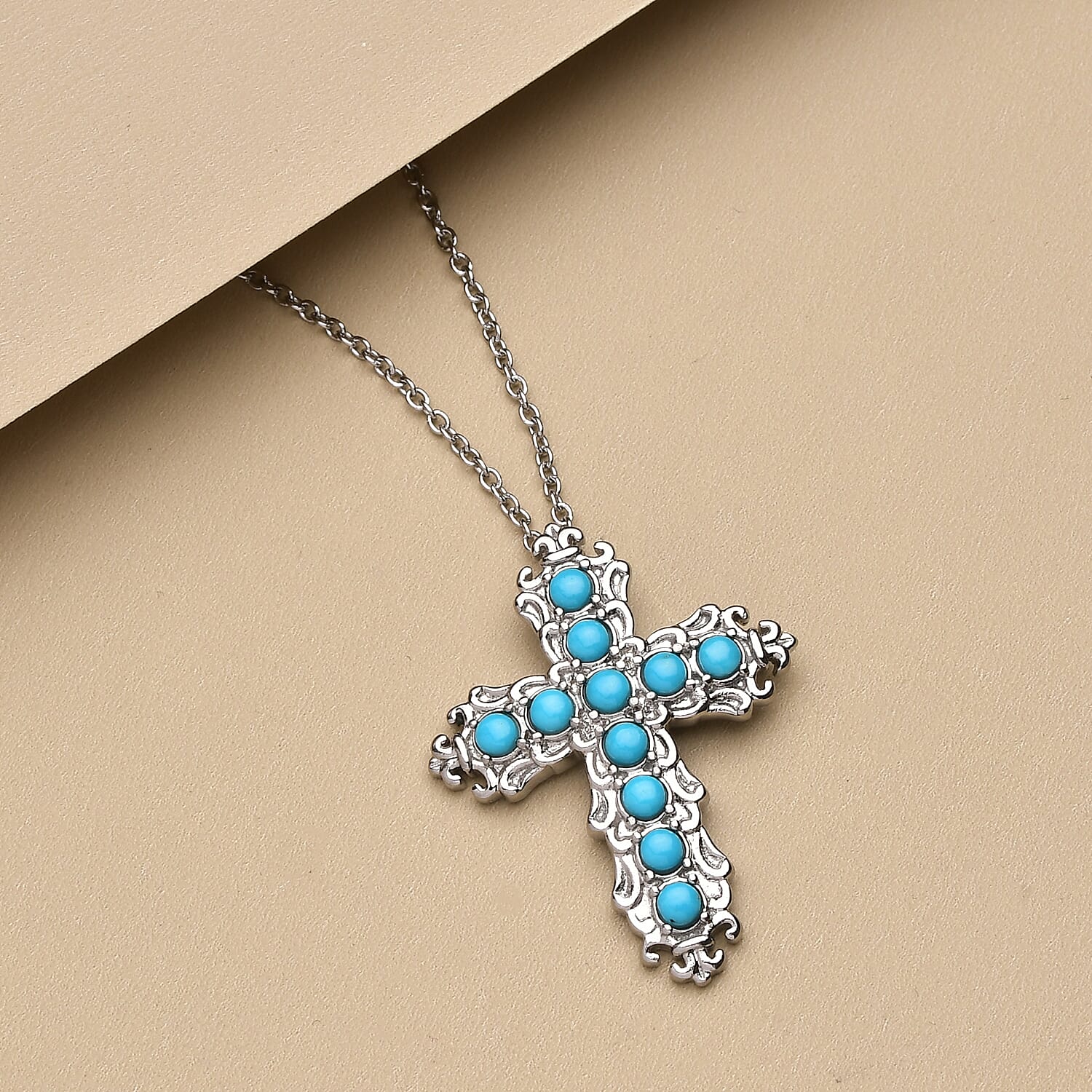 Arizona Sleeping Beauty Turquoise Cross Pendant with Chain (Size 20) with Magnetic Clasp in Stainless Steel 1.350 Ct