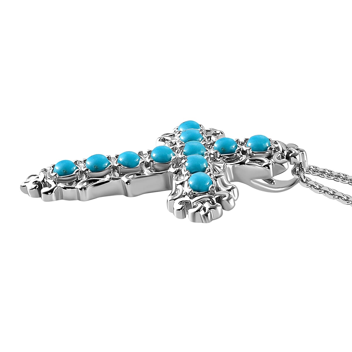 Arizona Sleeping Beauty Turquoise Cross Pendant with Chain (Size 20) with Magnetic Clasp in Stainless Steel 1.350 Ct