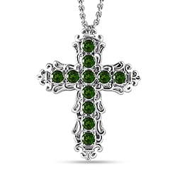  2 Piece Set - Natural Chrome Diopside Chain (Size 20) and Cross Pendant Stainless Steel With Magnetic Clasp
