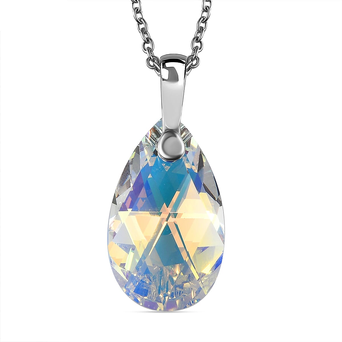AB Crystal Pendant (Pear 22x13) in Platinum Overlay Sterling Silver  with Lobser Clasp (Size - 20) with Stainless Steel Chain