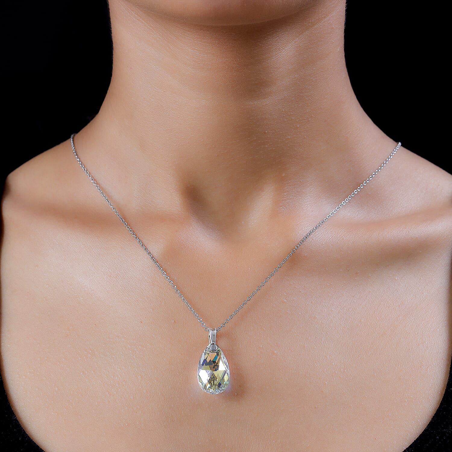 AB Crystal Pendant (Pear 22x13) in Platinum Overlay Sterling Silver  with Lobser Clasp (Size - 20) with Stainless Steel Chain