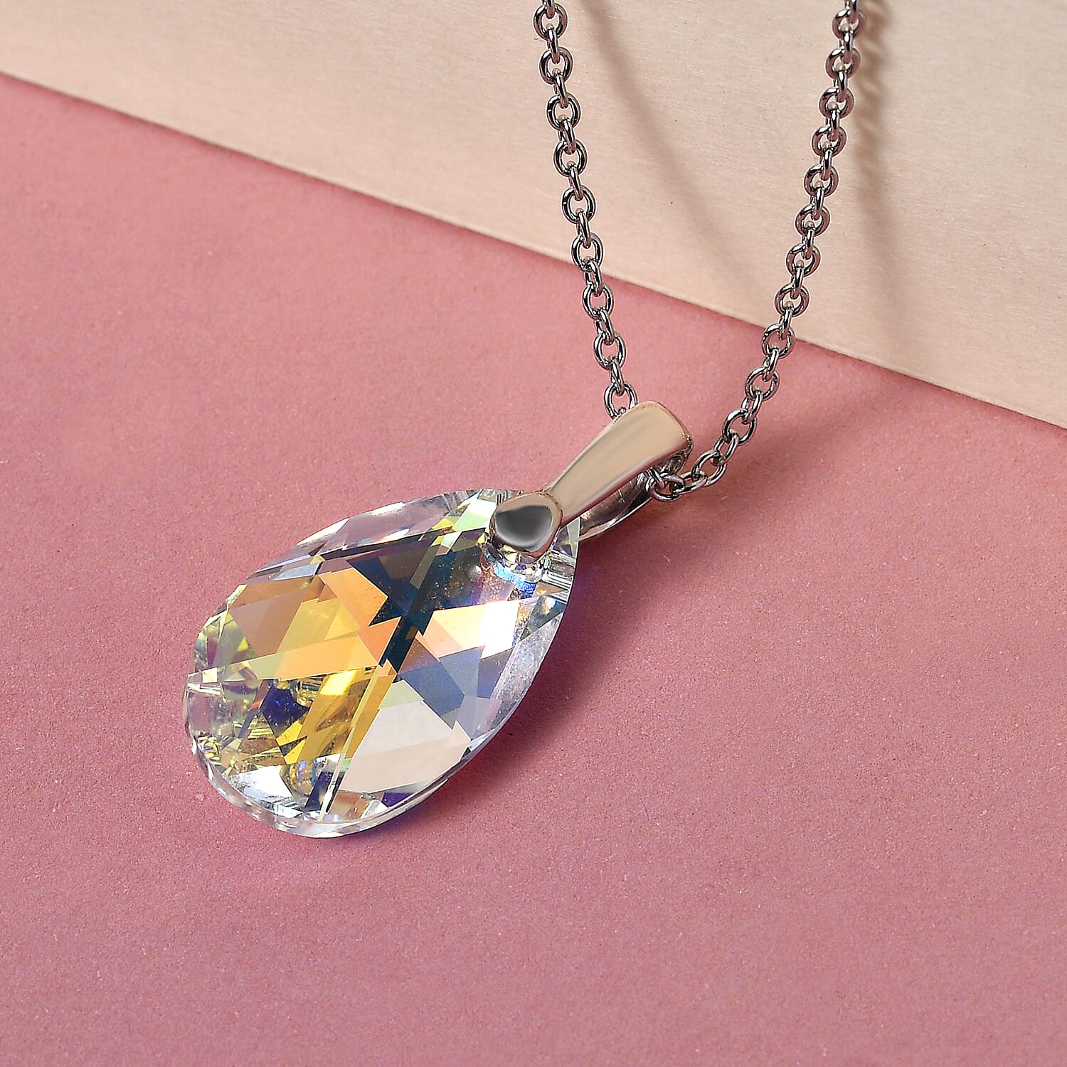 AB Crystal Pendant (Pear 22x13) in Platinum Overlay Sterling Silver  with Lobser Clasp (Size - 20) with Stainless Steel Chain