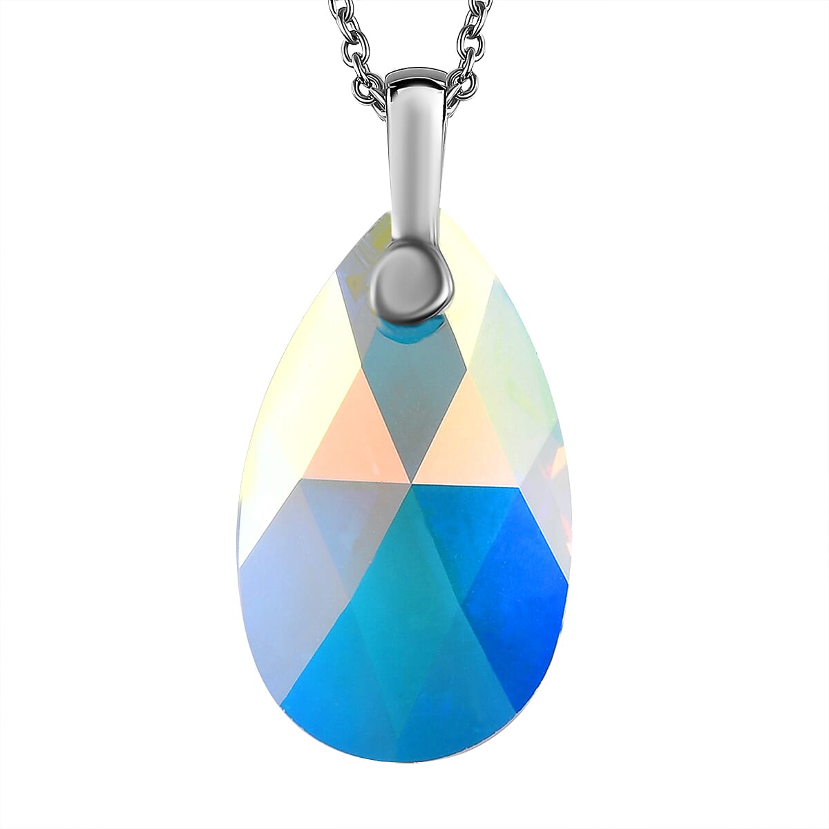 AB Crystal Pendant (Pear 22x13) in Platinum Overlay Sterling Silver  with Lobser Clasp (Size - 20) with Stainless Steel Chain
