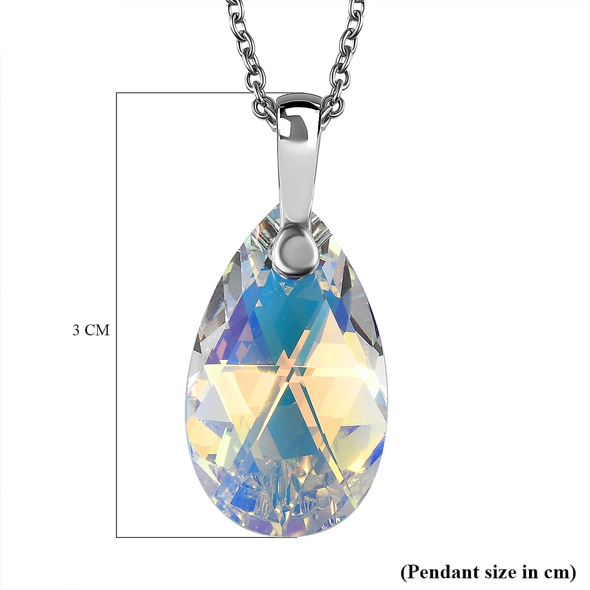AB Crystal Pendant (Pear 22x13) in Platinum Overlay Sterling Silver  with Lobser Clasp (Size - 20) with Stainless Steel Chain