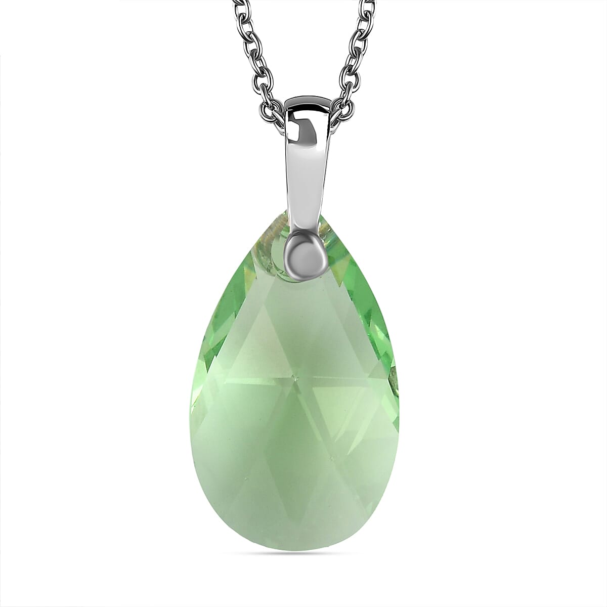 Peridot Crystal Pendant (Pear 22x13) in Platinum Overlay Sterling Silver  with Lobser Clasp (Size - 20) with Stainless Steel Chain