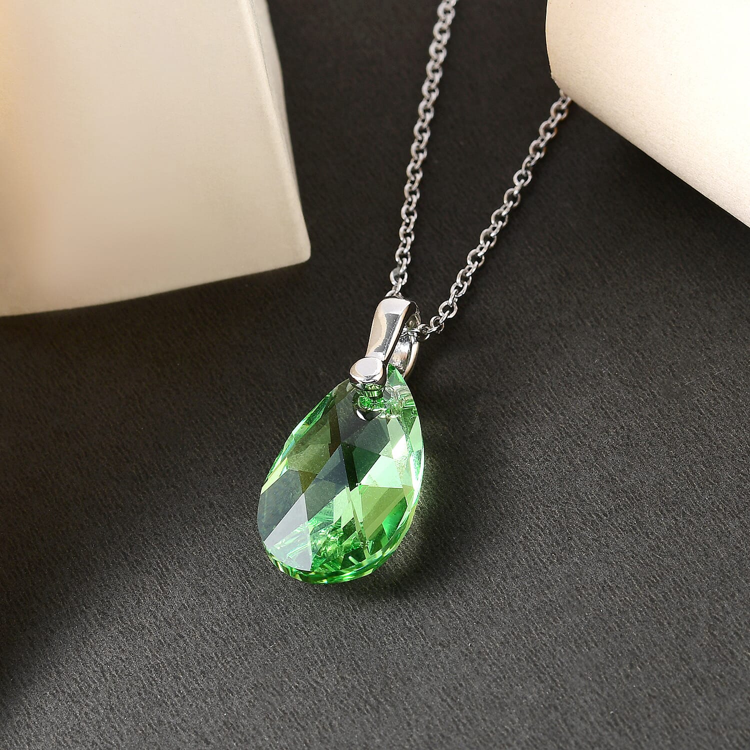 Peridot Crystal Pendant (Pear 22x13) in Platinum Overlay Sterling Silver  with Lobser Clasp (Size - 20) with Stainless Steel Chain