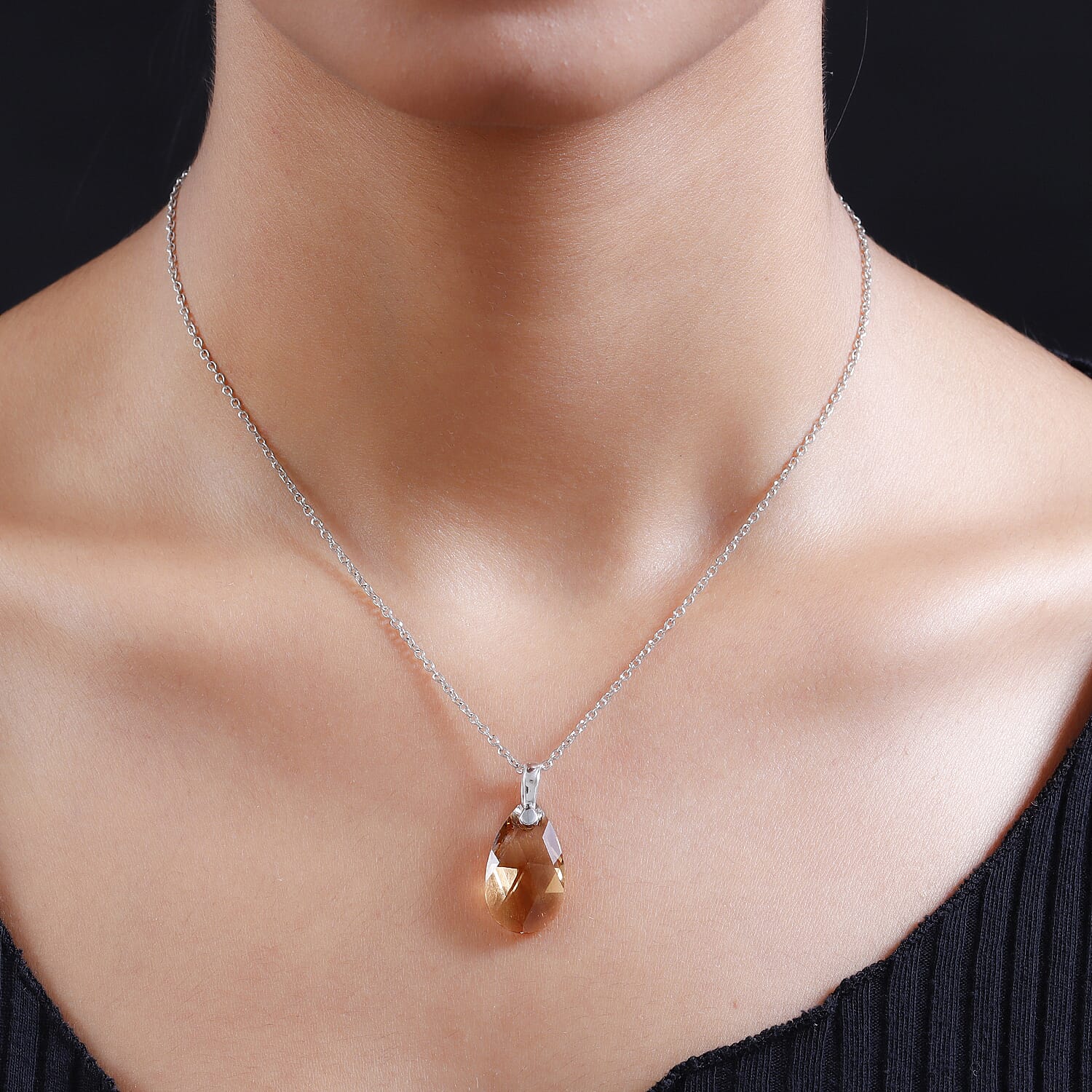 Light Colarado Crystal Pendant (Pear 22x13) in Platinum Overlay Sterling Silver  with Lobser Clasp (Size - 20) with Stainless Steel Chain