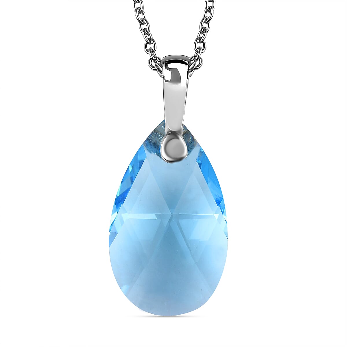Aquamarine Crystal Pendant (Pear 22x13) in Platinum Overlay Sterling Silver  with Lobser Clasp (Size - 20) with Stainless Steel Chain