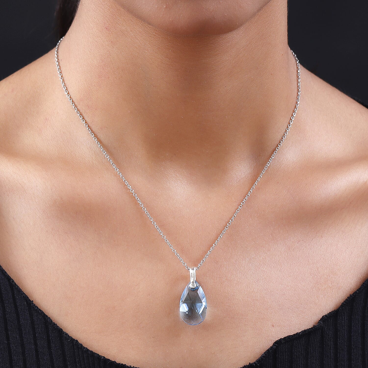 Aquamarine Crystal Pendant (Pear 22x13) in Platinum Overlay Sterling Silver  with Lobser Clasp (Size - 20) with Stainless Steel Chain