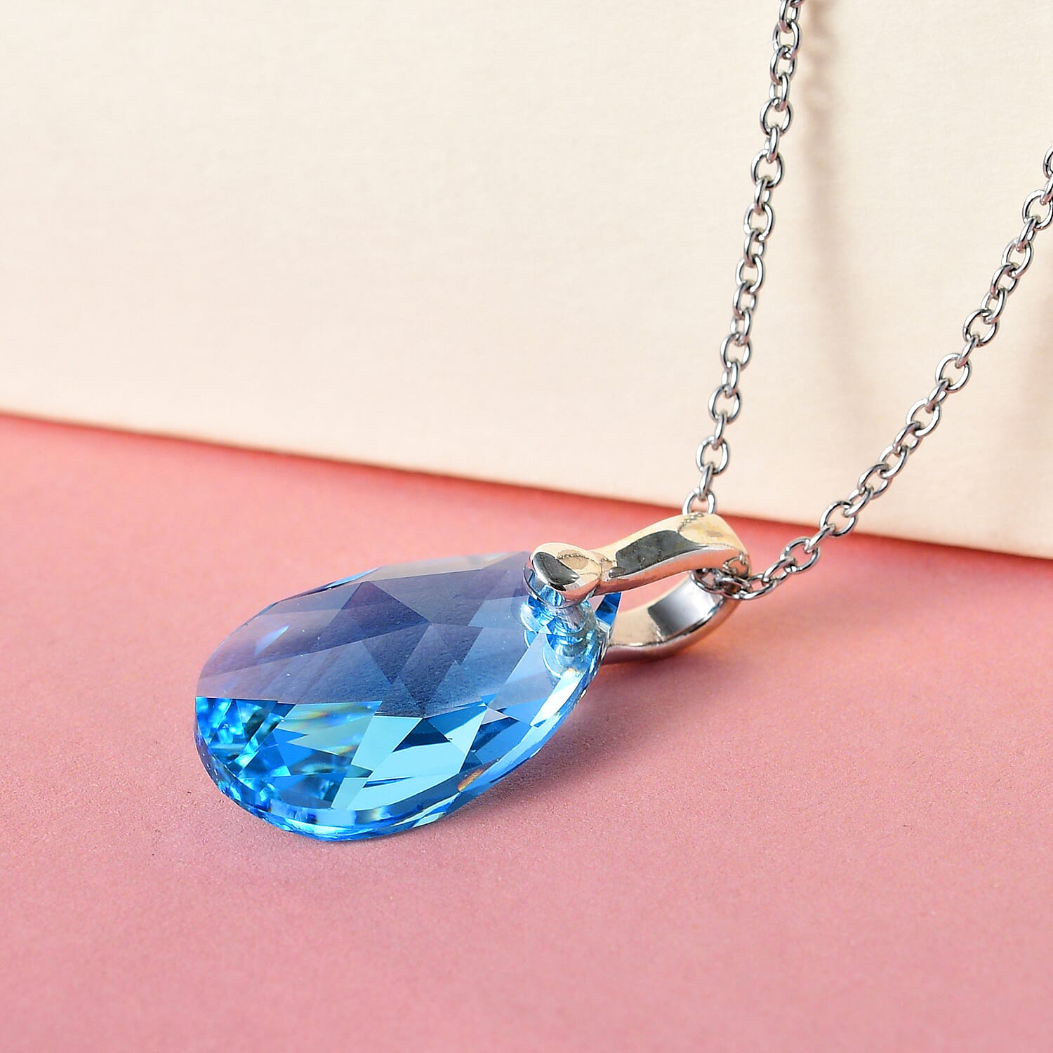 Aquamarine Crystal Pendant (Pear 22x13) in Platinum Overlay Sterling Silver  with Lobser Clasp (Size - 20) with Stainless Steel Chain