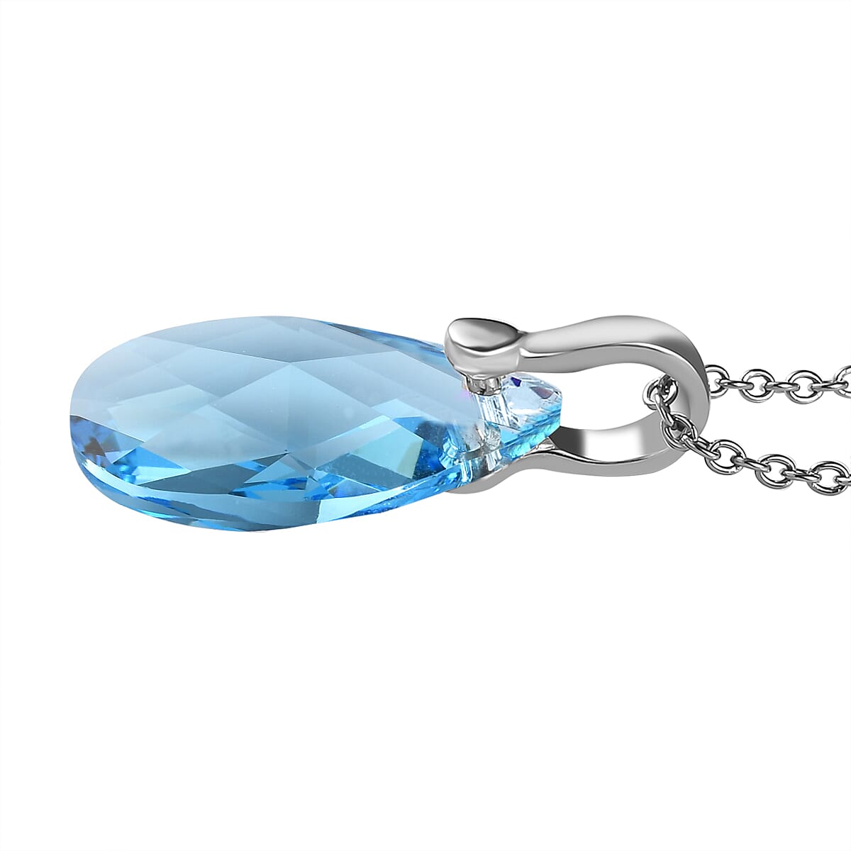 Aquamarine Crystal Pendant (Pear 22x13) in Platinum Overlay Sterling Silver  with Lobser Clasp (Size - 20) with Stainless Steel Chain