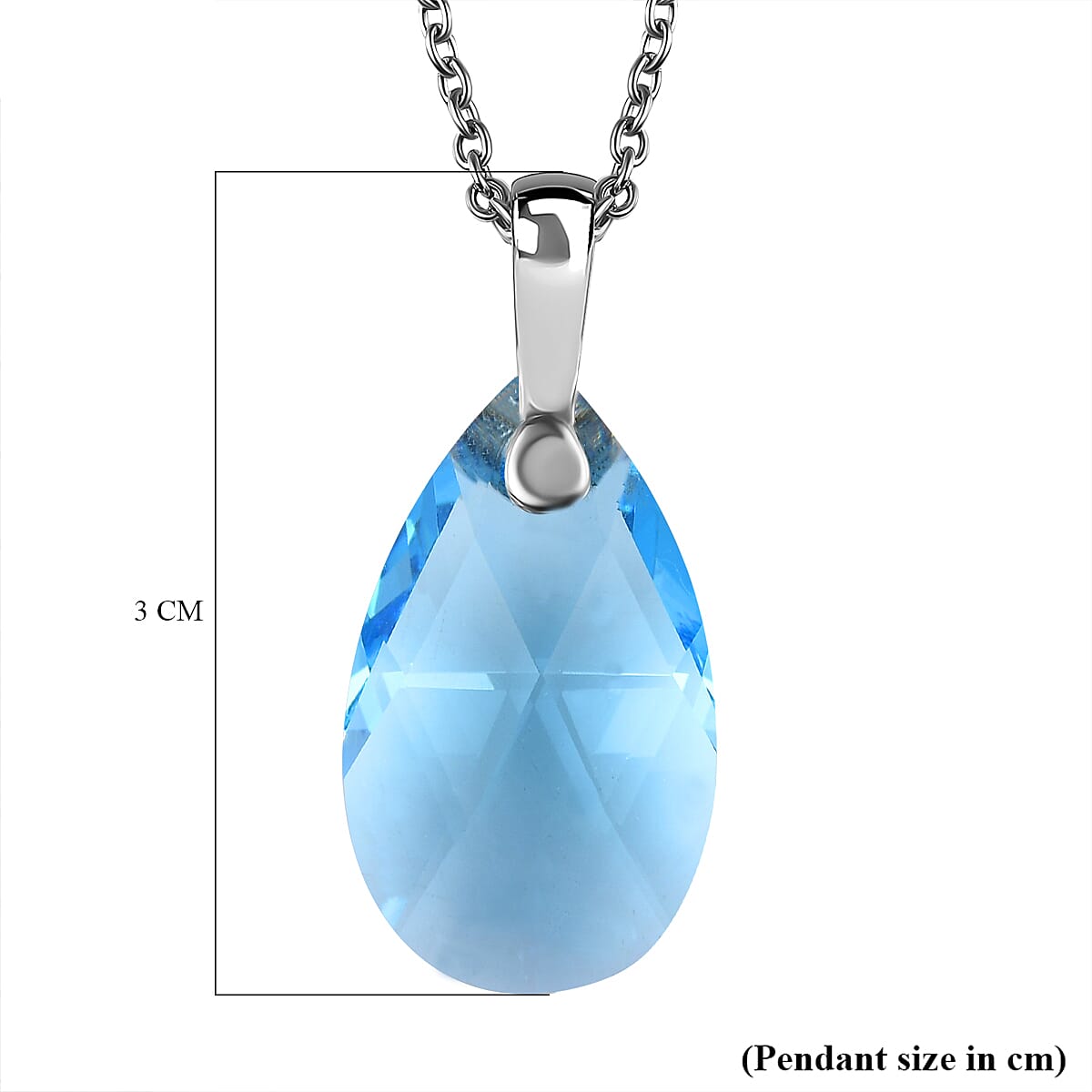 Aquamarine Crystal Pendant (Pear 22x13) in Platinum Overlay Sterling Silver  with Lobser Clasp (Size - 20) with Stainless Steel Chain