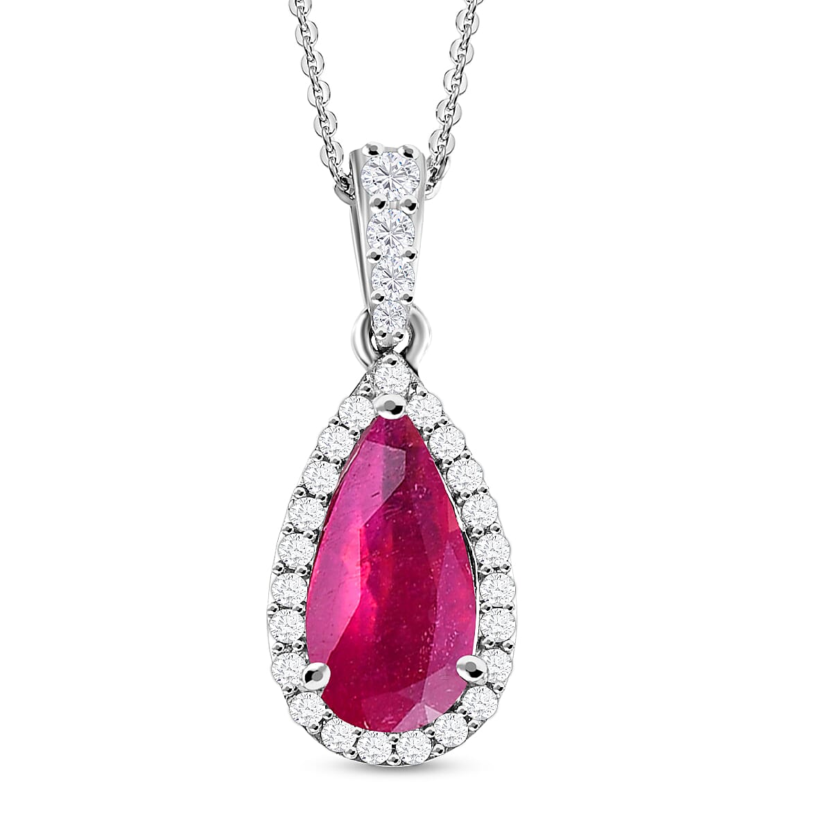African Ruby and Moissanite Pendant with Chain (Size 20) in Platinum Overlay Sterling Silver 3.17 Ct.