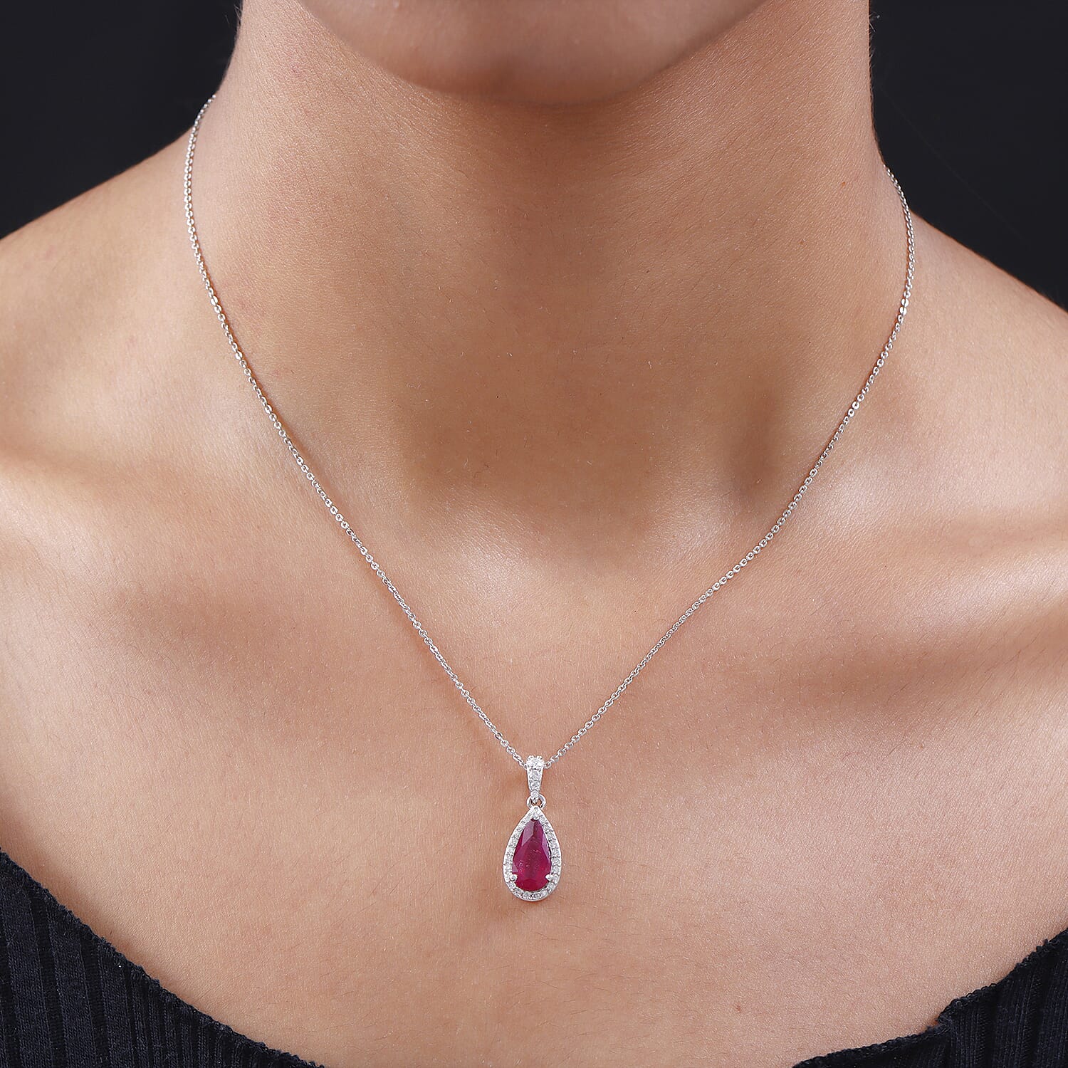 African Ruby and Moissanite Pendant with Chain (Size 20) in Platinum Overlay Sterling Silver 3.17 Ct.