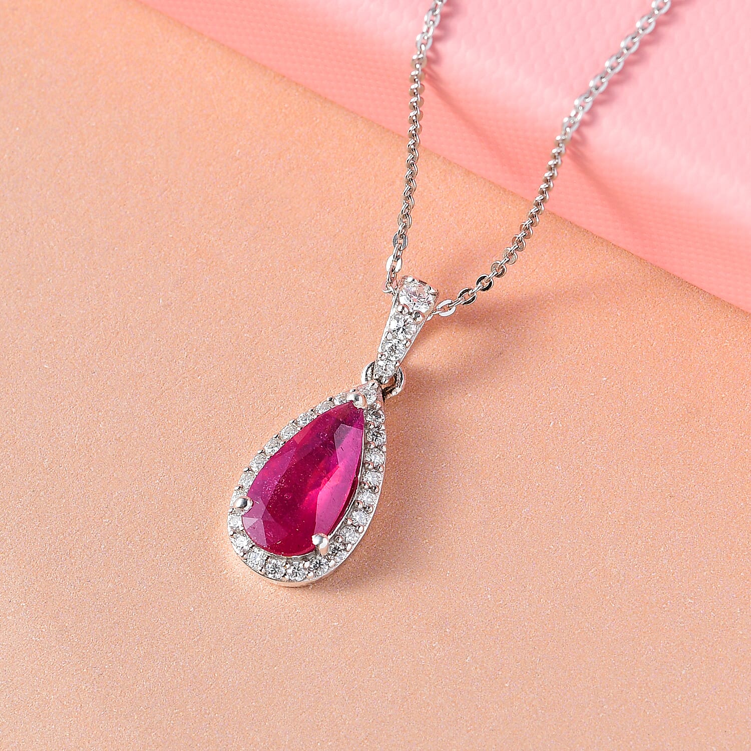 African Ruby and Moissanite Pendant with Chain (Size 20) in Platinum Overlay Sterling Silver 3.17 Ct.