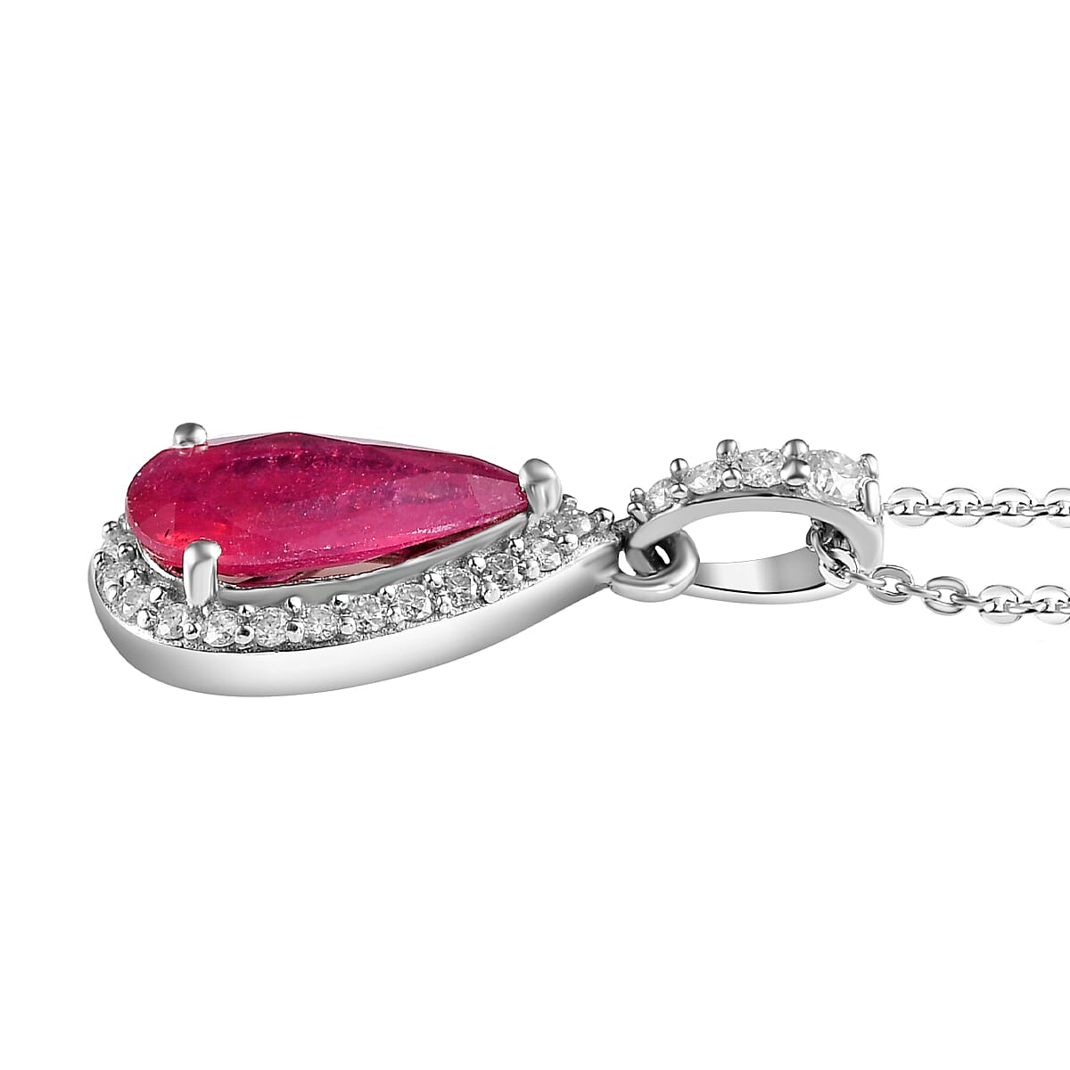 African Ruby and Moissanite Pendant with Chain (Size 20) in Platinum Overlay Sterling Silver 3.17 Ct.