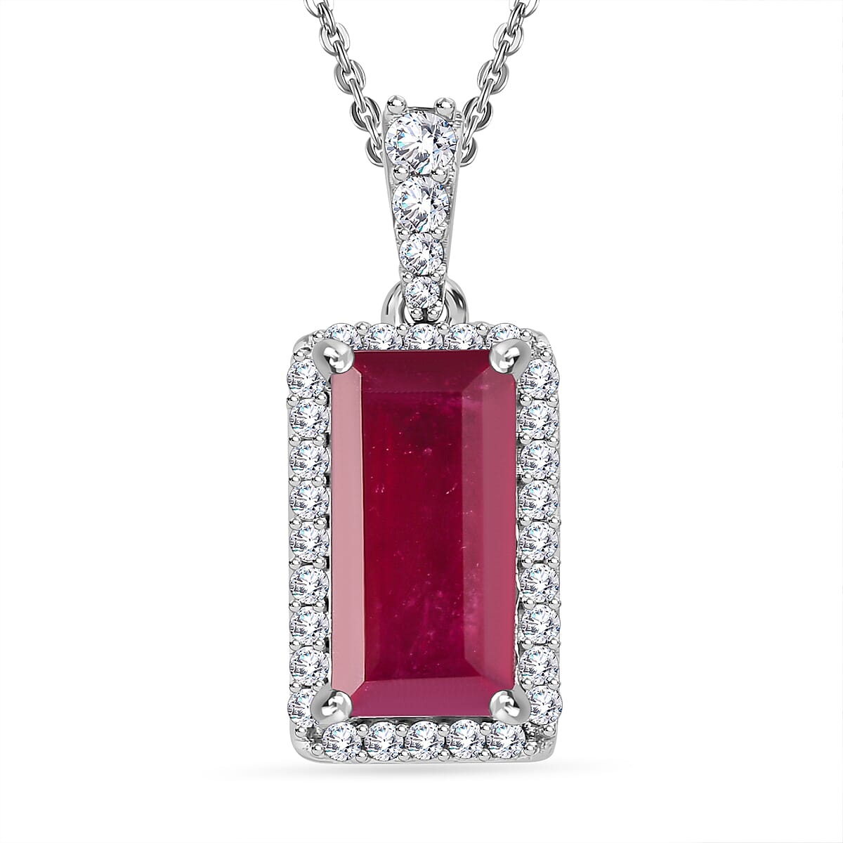 African Ruby & Moissanite Pendant with Chain (Size 20) in Platinum Overlay Sterling Silver 4.24 Ct.