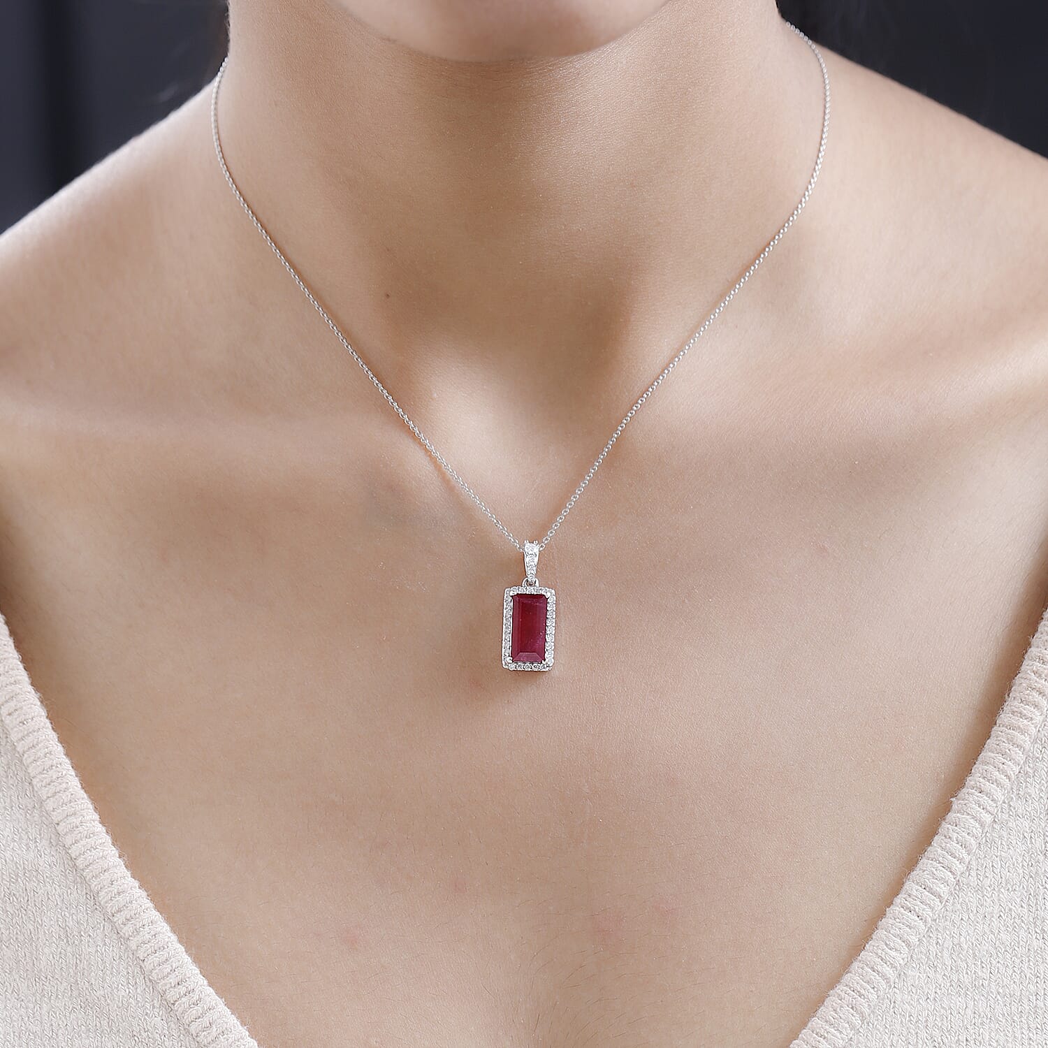 African Ruby & Moissanite Pendant with Chain (Size 20) in Platinum Overlay Sterling Silver 4.24 Ct.
