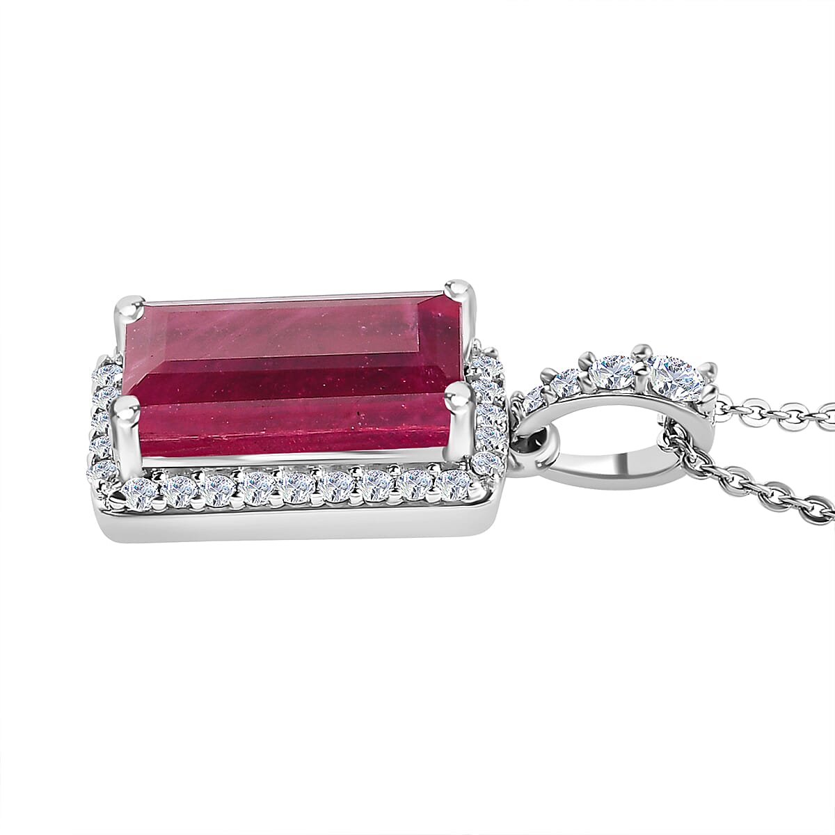 African Ruby & Moissanite Pendant with Chain (Size 20) in Platinum Overlay Sterling Silver 4.24 Ct.