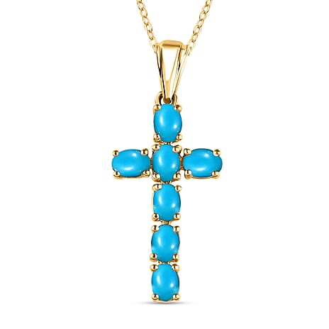 Arizona Sleeping Beauty Turquoise Cross Pendant with Chain (Size - 20 ) in 18K Vermeil Yellow Gold Plated Sterling Silver 1.10 Ct