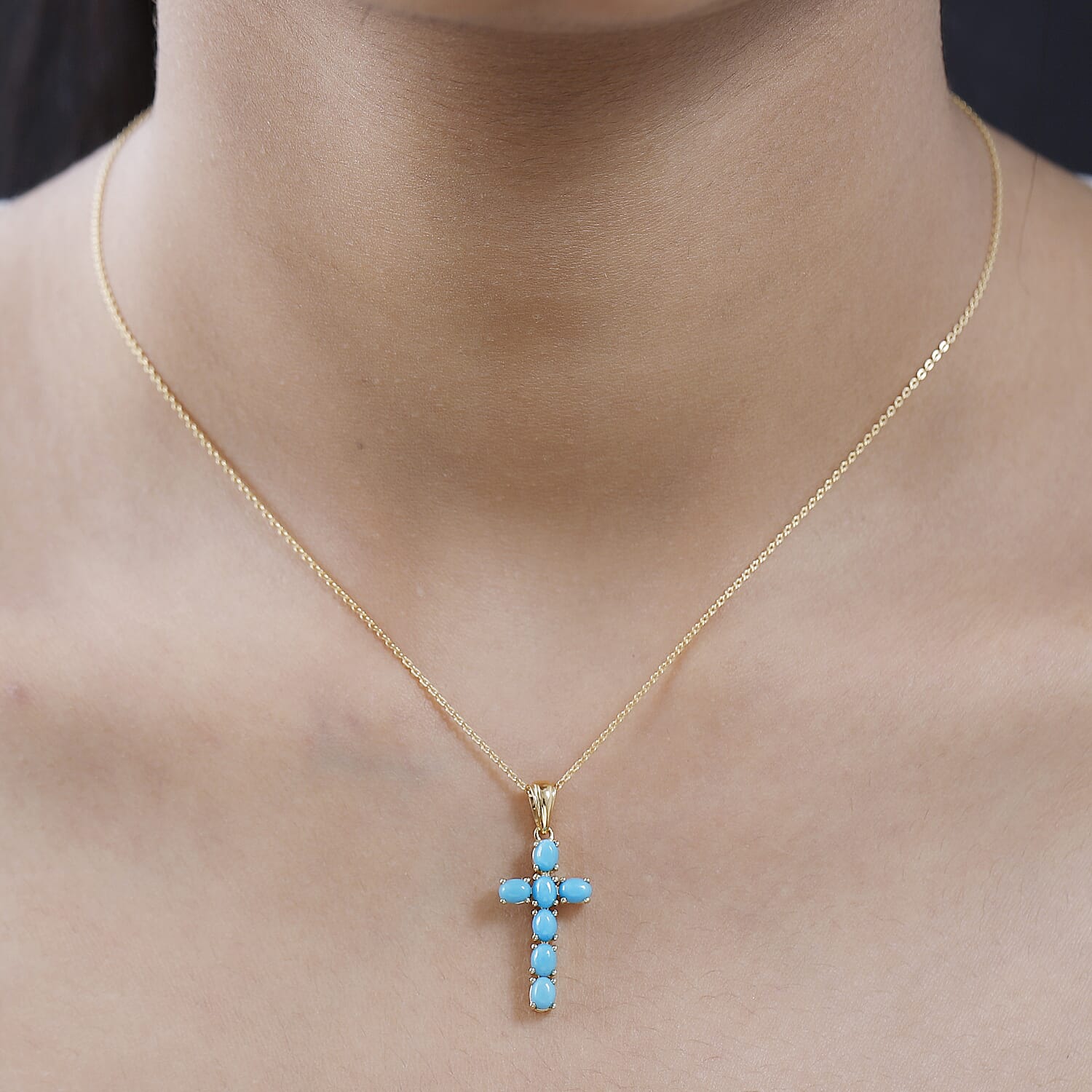 Arizona Sleeping Beauty Turquoise Cross Pendant with Chain (Size - 20 ) in 18K Vermeil Yellow Gold Plated Sterling Silver 1.10 Ct
