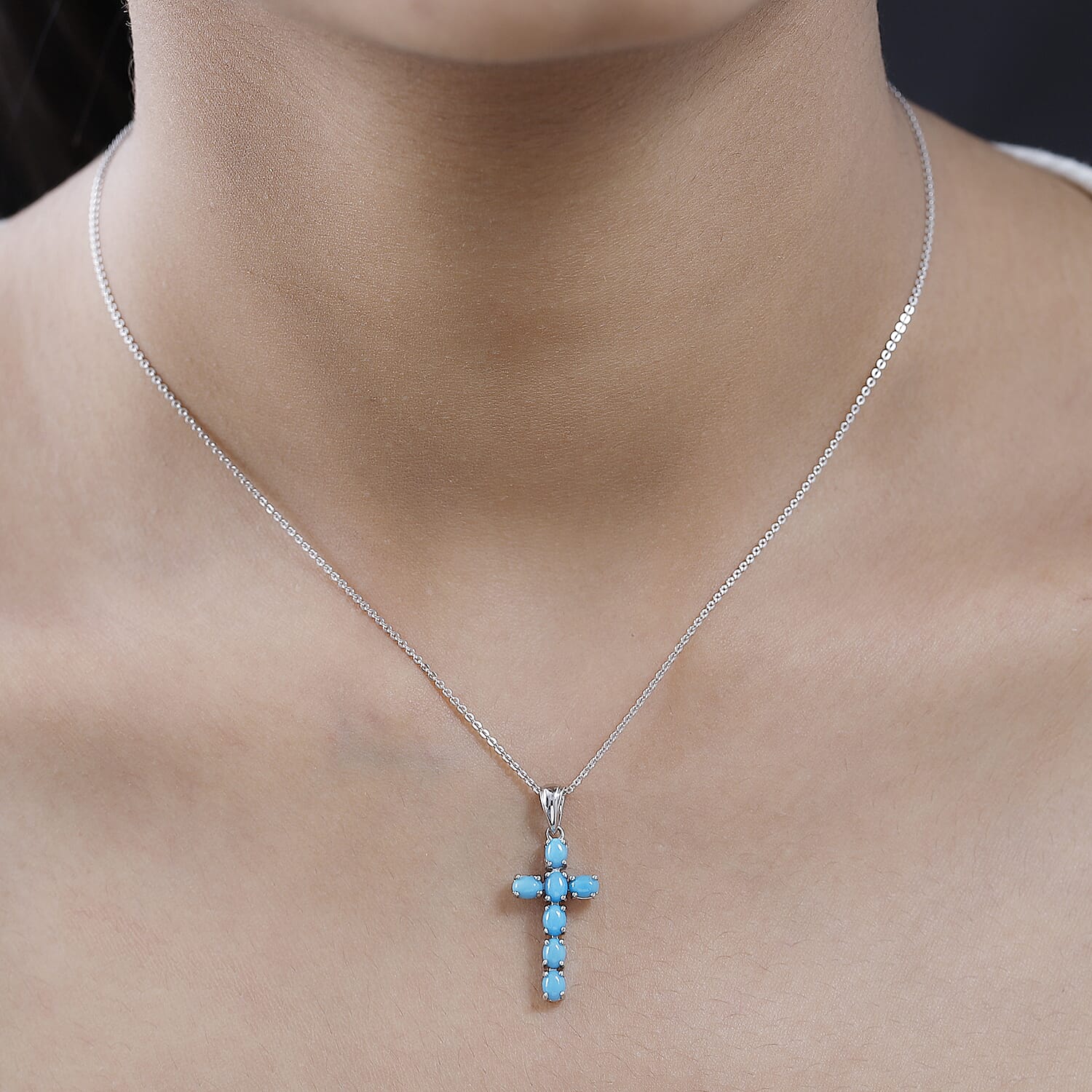 Arizona Sleeping Beauty Turquoise Cross Pendant with Chain (Size-20) in Platinum Overlay Sterling Silver 1.27 Ct.