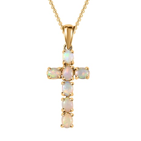Ethiopian Welo Opal Cross Pendant with Chain(Size 20) in 18K Vermeil Yellow Gold Plated Sterling Silver