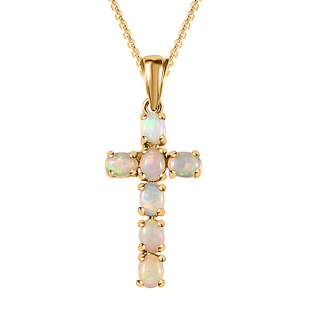 Ethiopian Opal Cross Pendant with Chain (Size 20 Inch) in 18K Vermeil Yellow Gold Sterling Silver