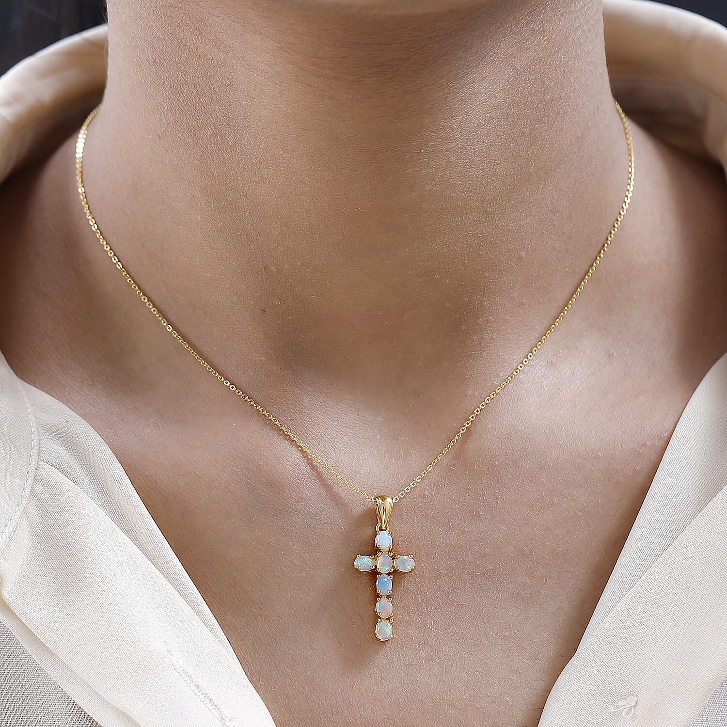 Ethiopian Welo Opal Cross Pendant with Chain(Size 20) in 18K Vermeil Yellow Gold Plated Sterling Silver