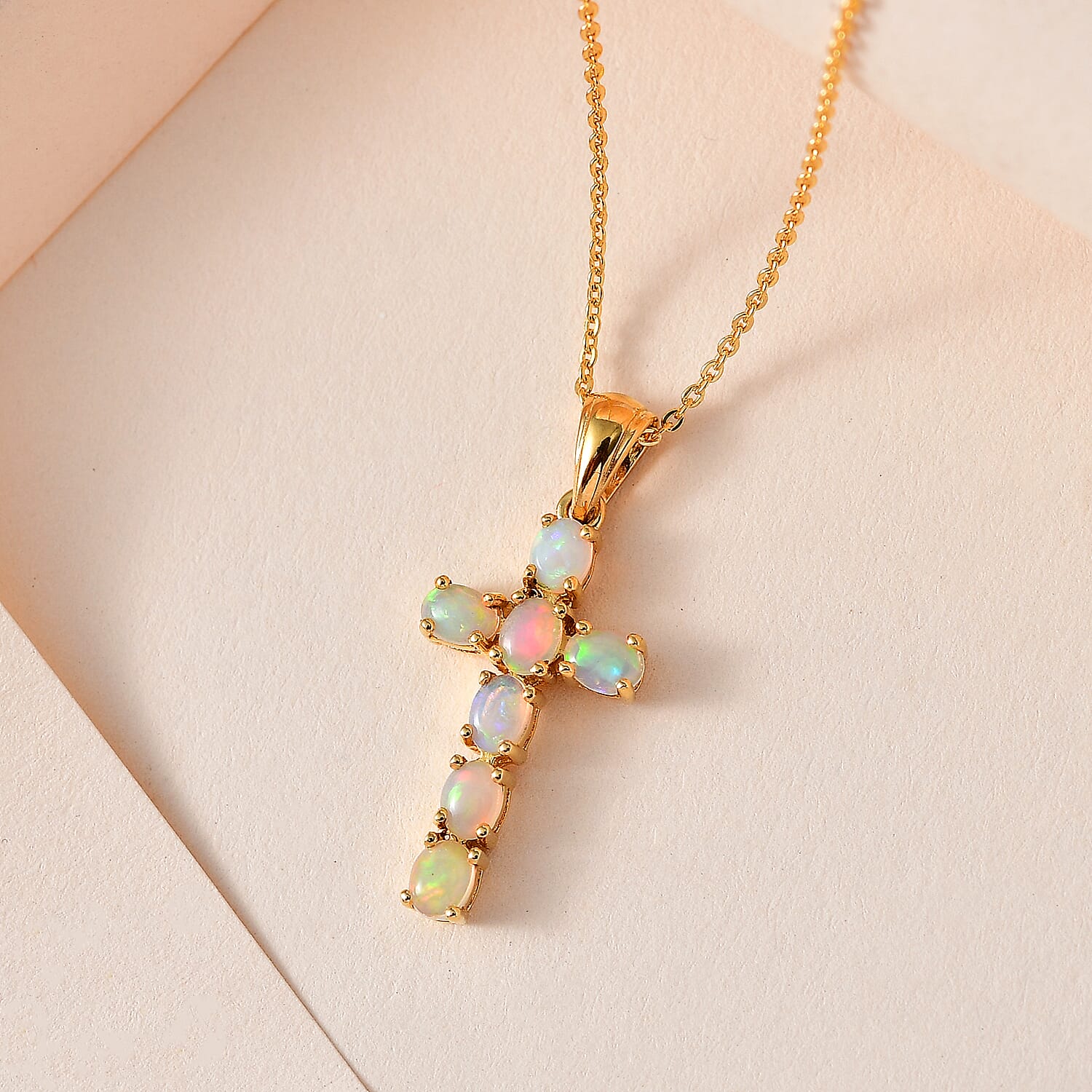 Ethiopian Welo Opal Cross Pendant with Chain (Size 20) with Lobster Clasp in popular Vermeil YG Overlay Sterling Silver