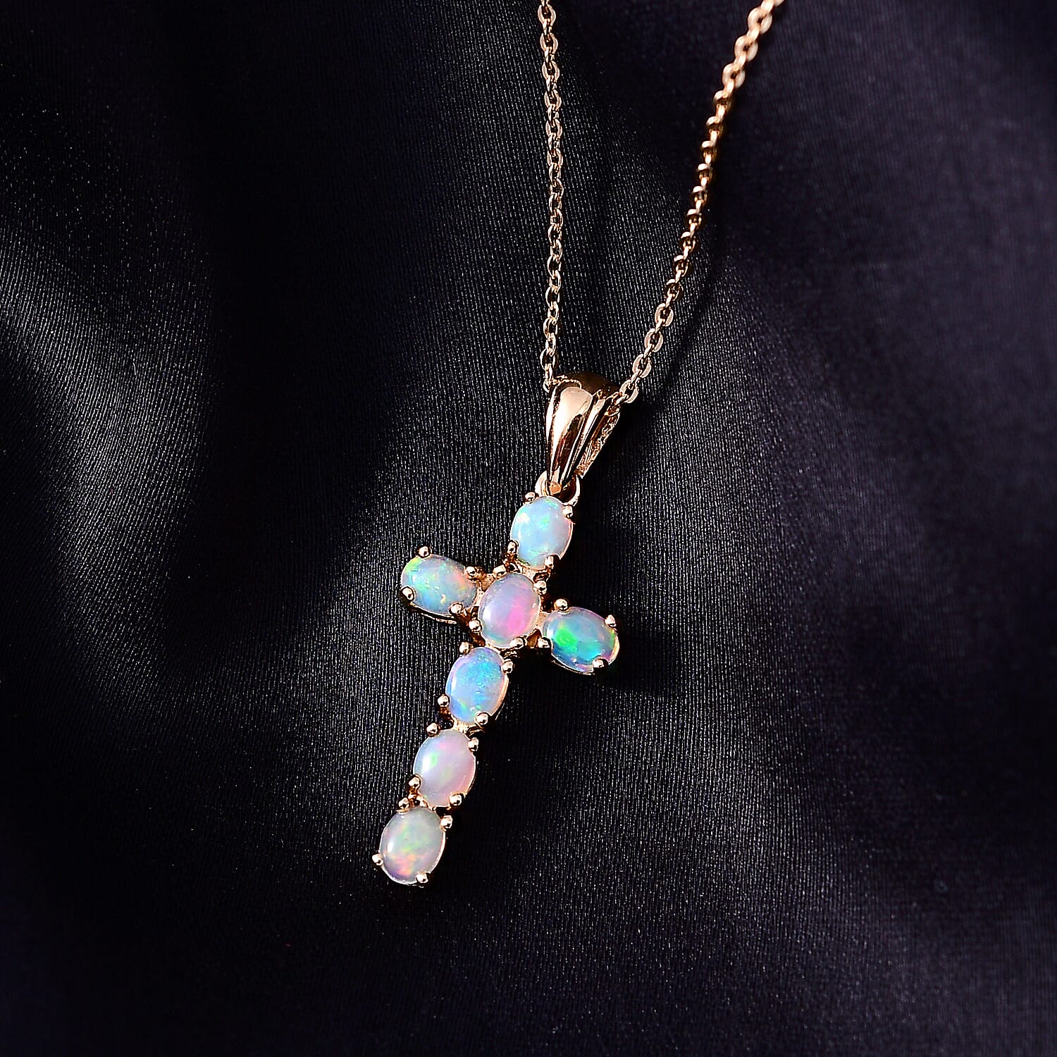 Ethiopian Welo Opal Cross Pendant with Chain(Size 20) in 18K Vermeil Yellow Gold Plated Sterling Silver