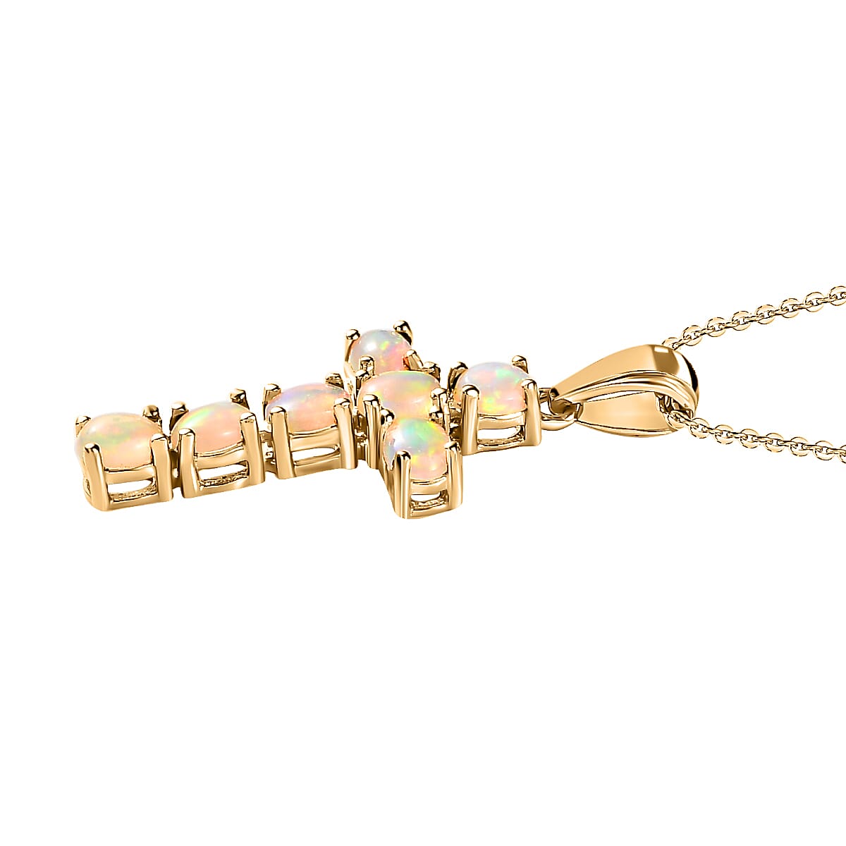 Ethiopian Welo Opal Cross Pendant with Chain(Size 20) in 18K Vermeil Yellow Gold Plated Sterling Silver