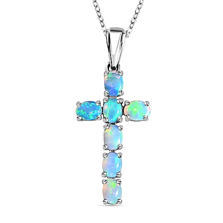 Ethiopian Opal Cross Pendant with Chain (Size 20 Inch) in Platinum Overlay Sterling Silver