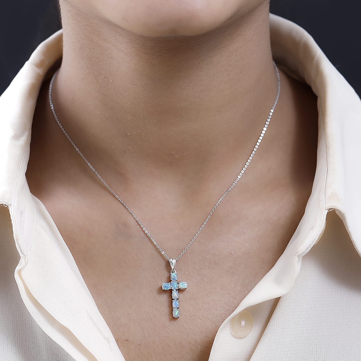 Ethiopian Welo Opal Cross Pendant with Chain (Size 20) in Platinum Overlay Sterling Silver