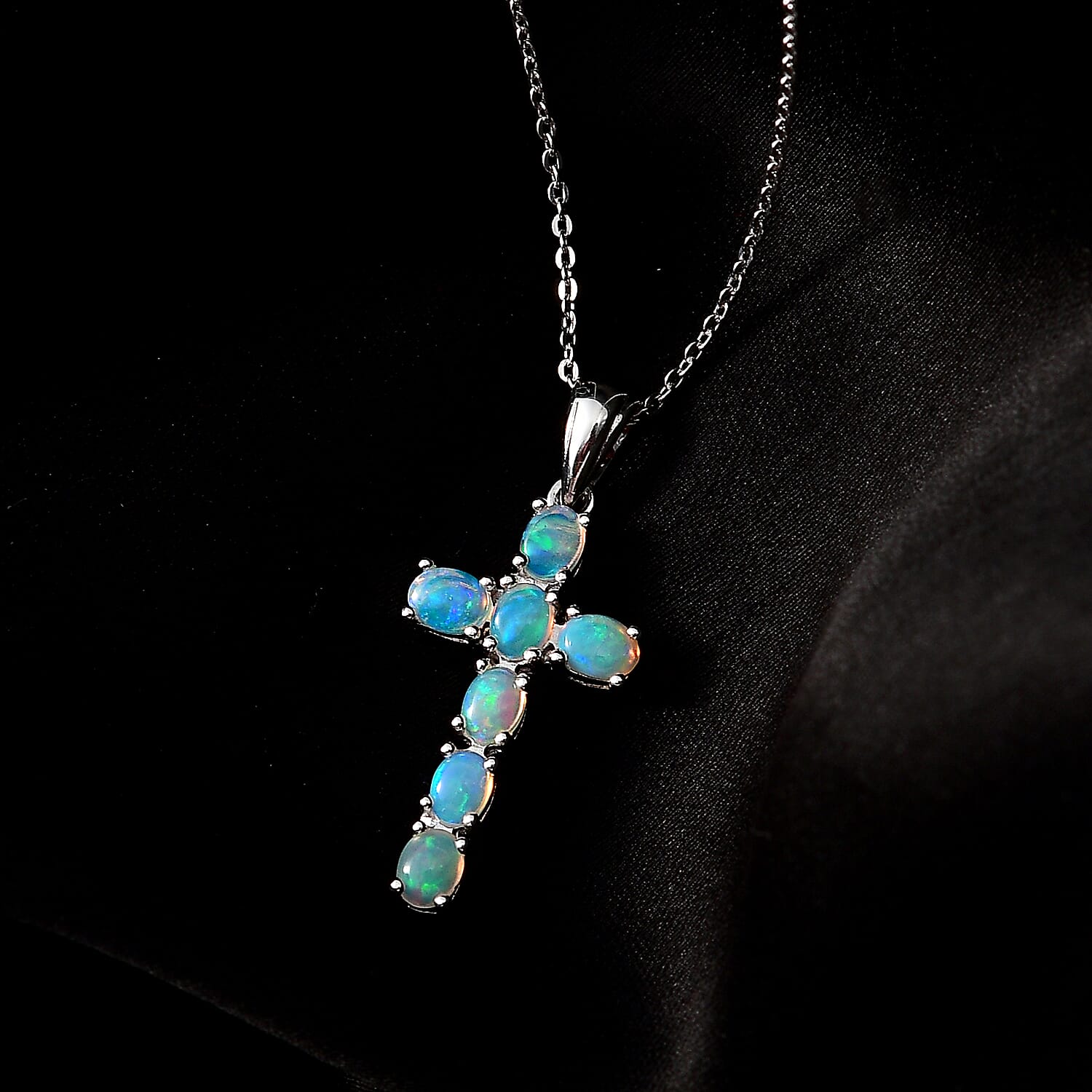 Ethiopian Welo Opal Cross Pendant with Chain (Size 20) in Platinum Overlay Sterling Silver