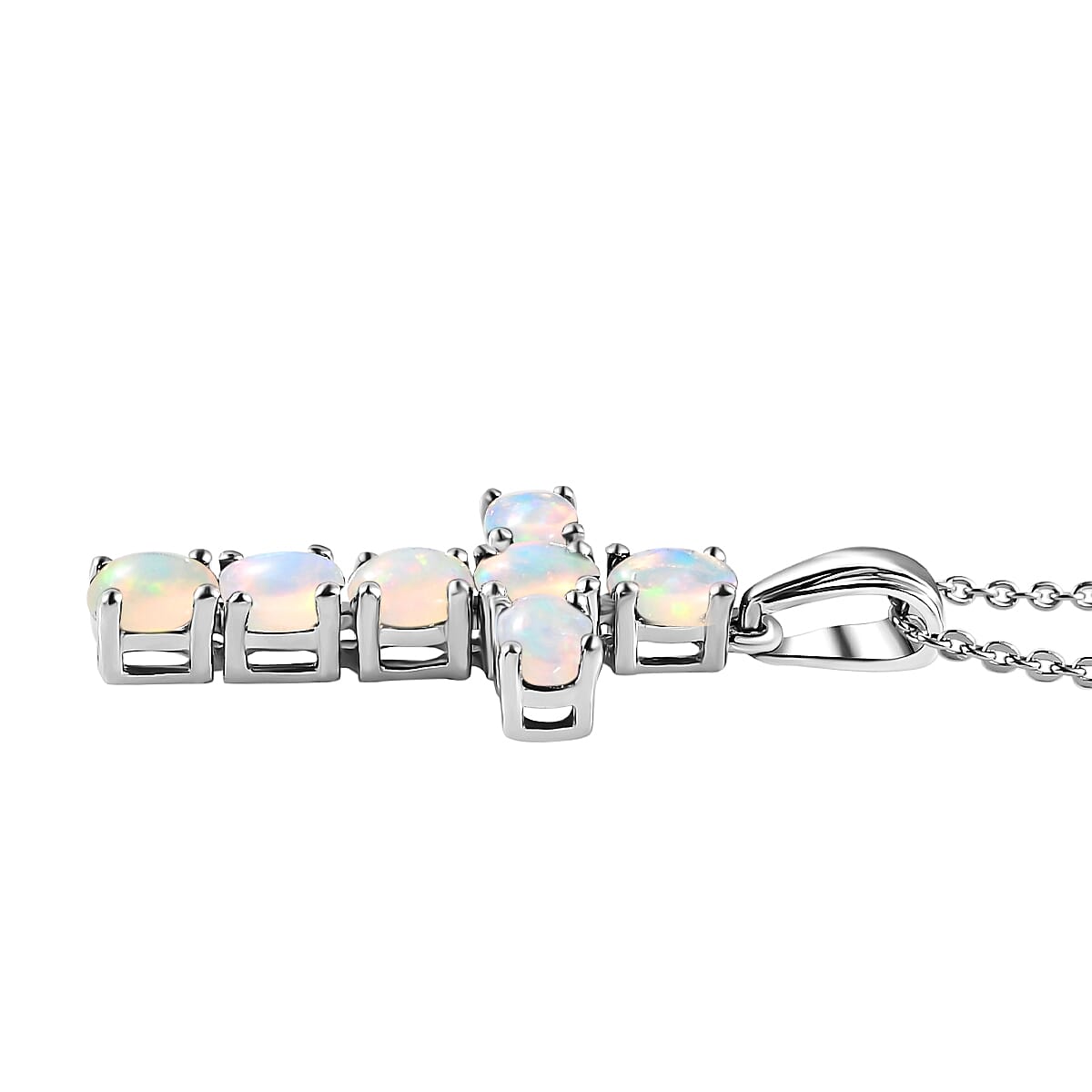 Ethiopian Welo Opal Cross Pendant with Chain (Size 20) in Platinum Overlay Sterling Silver
