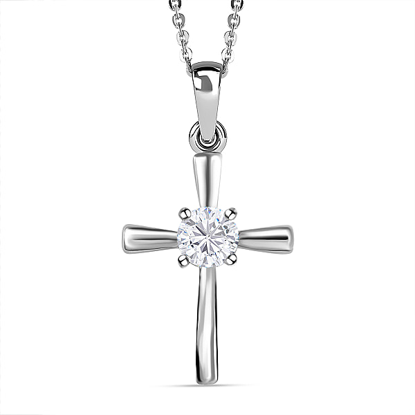 Moissanite Cross Pendant with Chain (Size 20) in Platinum Overlay ...