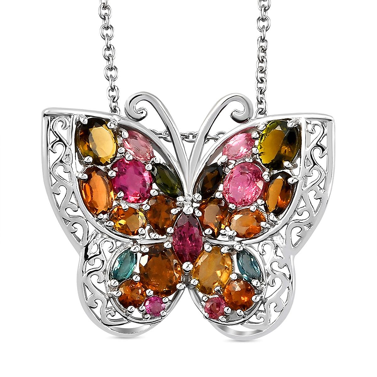 Multi-Tourmaline Butterfly Pendant with Chain (Size-18 ) in Platinum Overlay Sterling Silver 4.09 Ct, Silver Wt. 6.50 Gms
