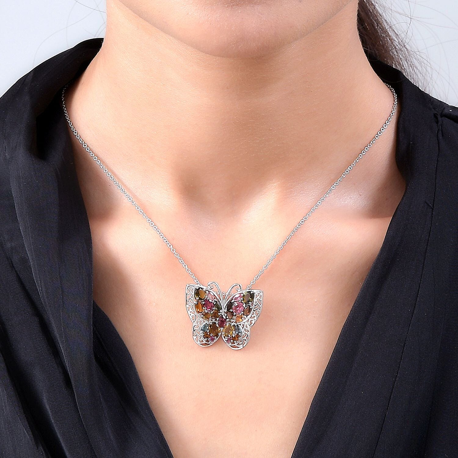 Multi-Tourmaline Butterfly Pendant with Chain (Size-18 ) in Platinum Overlay Sterling Silver 4.09 Ct, Silver Wt. 6.50 Gms