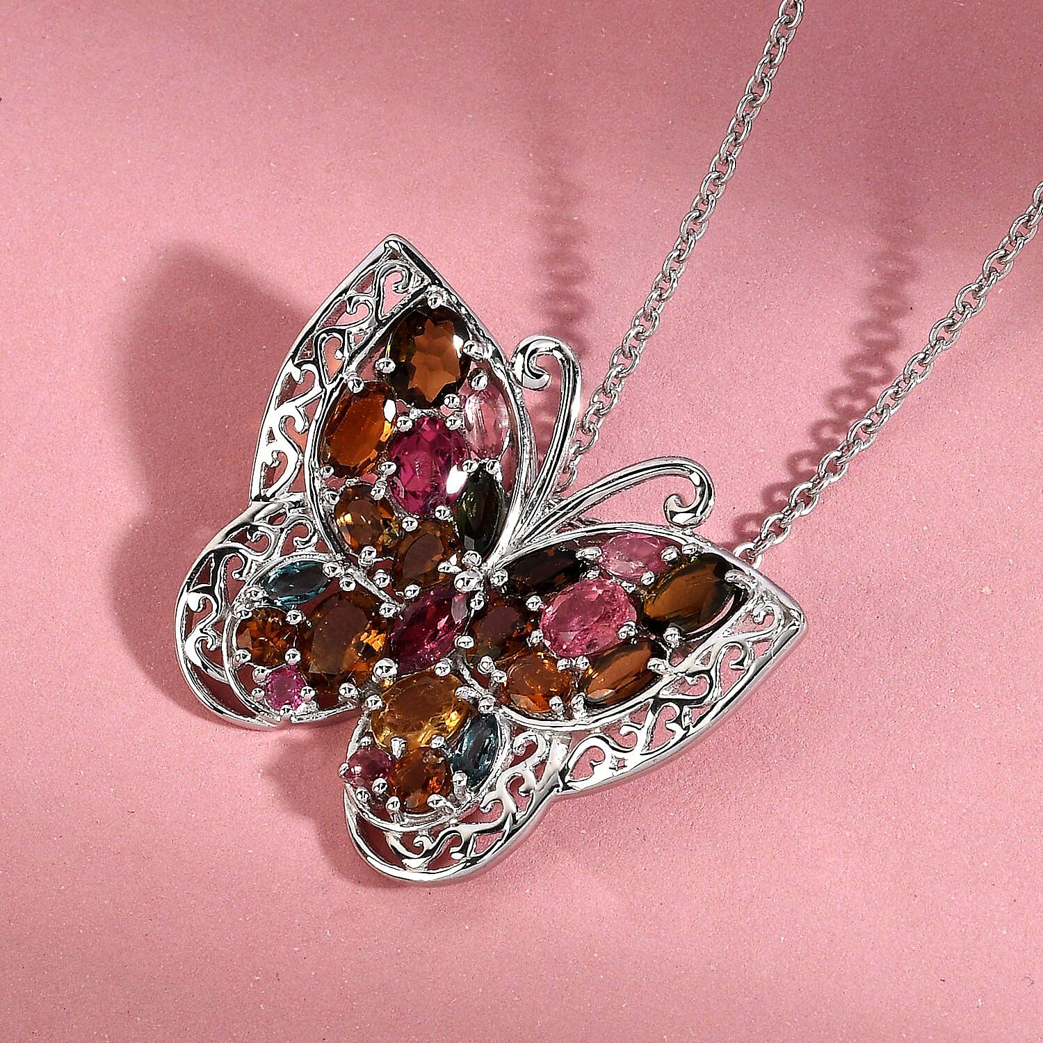 Multi-Tourmaline Butterfly Pendant with Chain (Size-18 ) in Platinum Overlay Sterling Silver 4.09 Ct, Silver Wt. 6.50 Gms