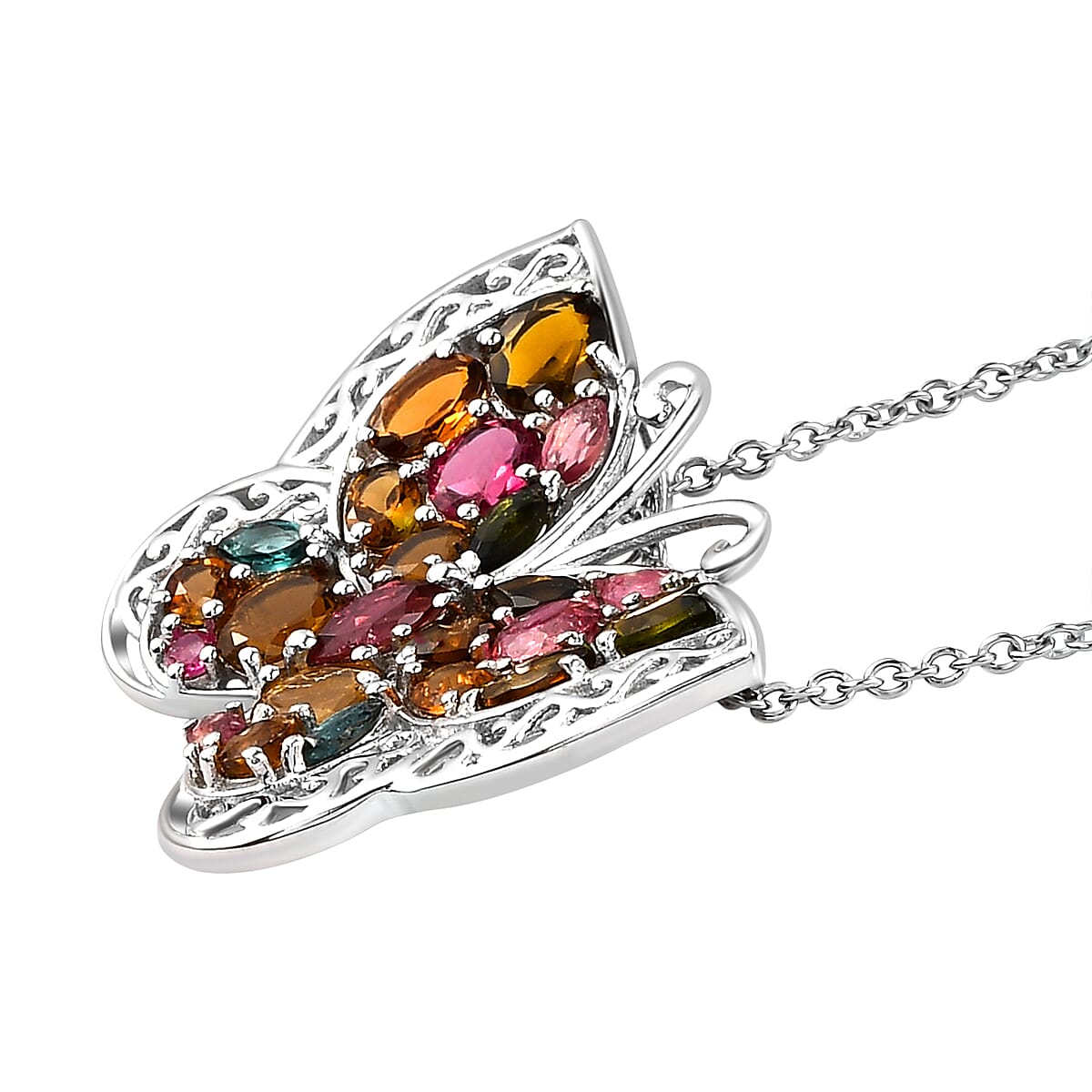 Multi-Tourmaline Butterfly Pendant with Chain (Size-18 ) in Platinum Overlay Sterling Silver 4.09 Ct, Silver Wt. 6.50 Gms